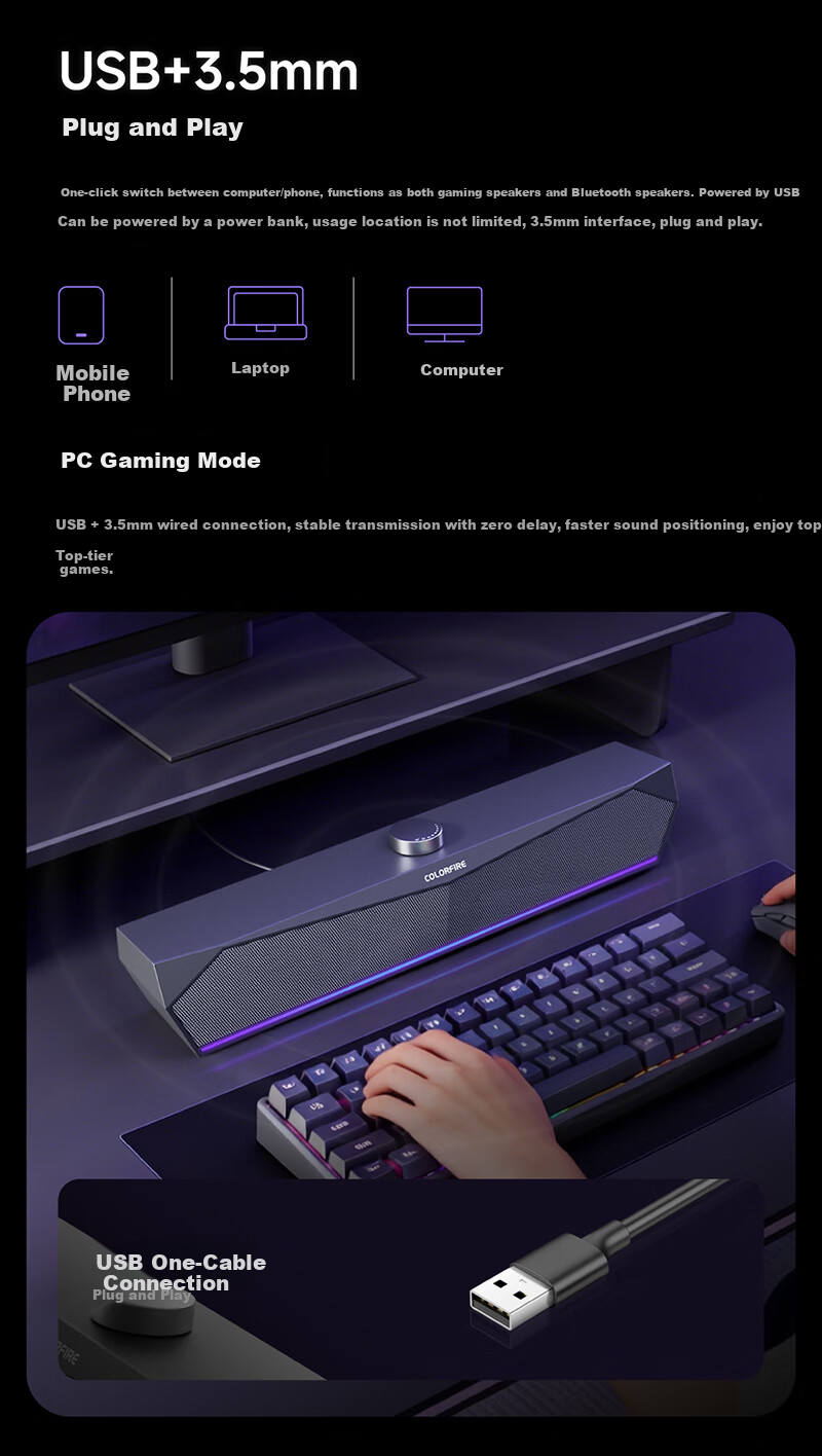 COLORFIRE Rainbow Illusion Gaming Virtual 7.1 Surround Sound RGB Water-Cooled Desktop Bluetooth 5.3 Computer Speaker USB Desktop Laptop Subwoofer CF3000 PRO 9
