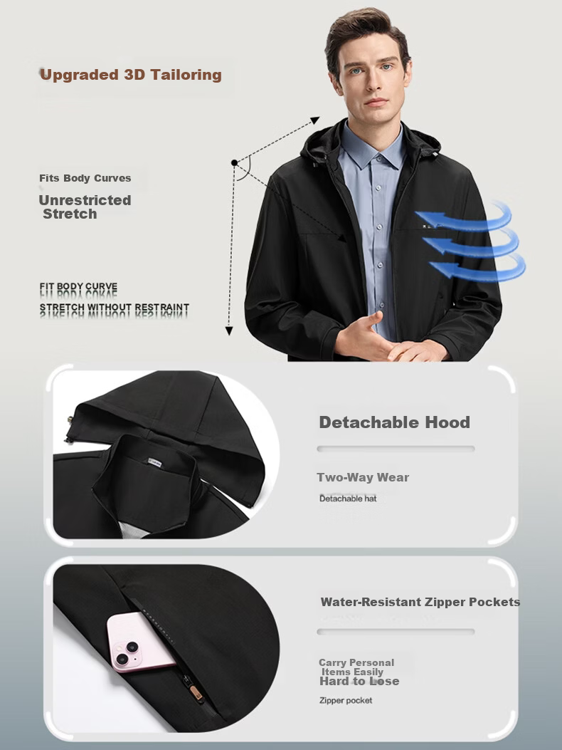 SHANSHAN High-End Jacket for Men, Spring And Autumn Casual Striped Inner Lining Zipper Coat with Detachable Hood, Dad's Clothing 7