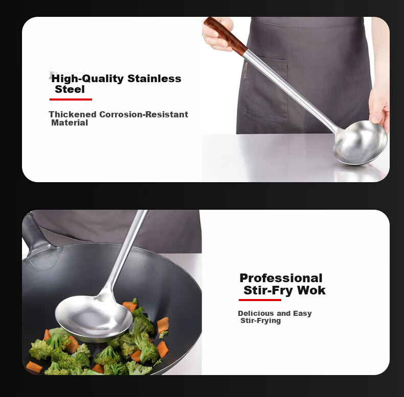 Jinwanfu Stainless Steel Commercial Cooking Wok Ladle Chef's Wooden Handle 8 Liang Hand Ladle 1 Piece 8