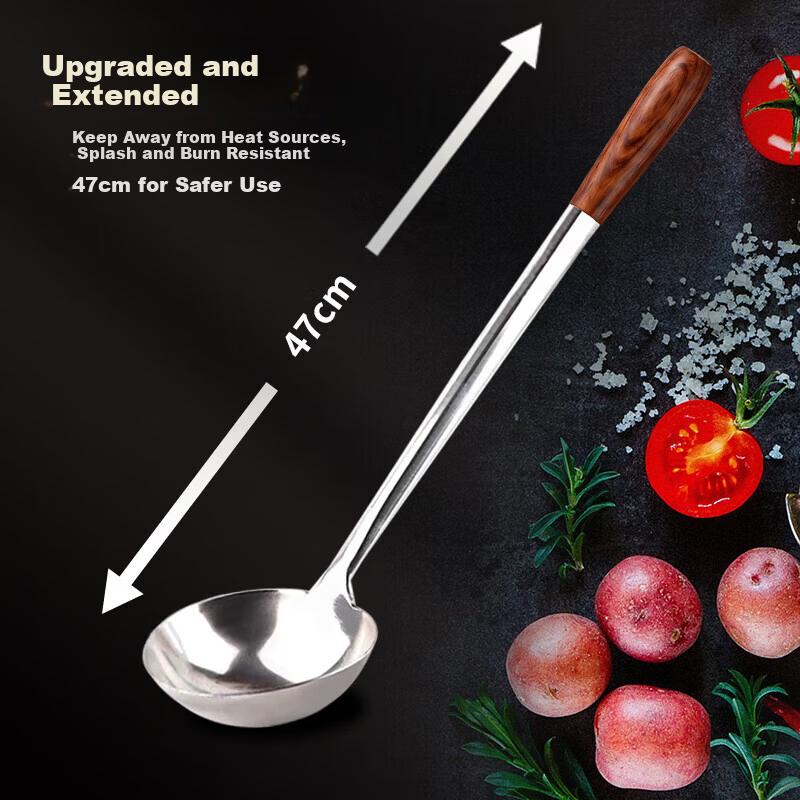 Jinwanfu Stainless Steel Commercial Cooking Wok Ladle Chef's Wooden Handle 8 Liang Hand Ladle 1 Piece 12
