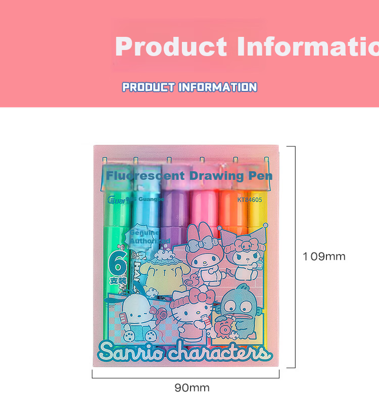 GuangBo & Sanrio Large Capacity Highlighter Pens, 6 Colors, Student Note-Taking Markers, Journaling Pens, Doodle Pencils, KT84591 2
