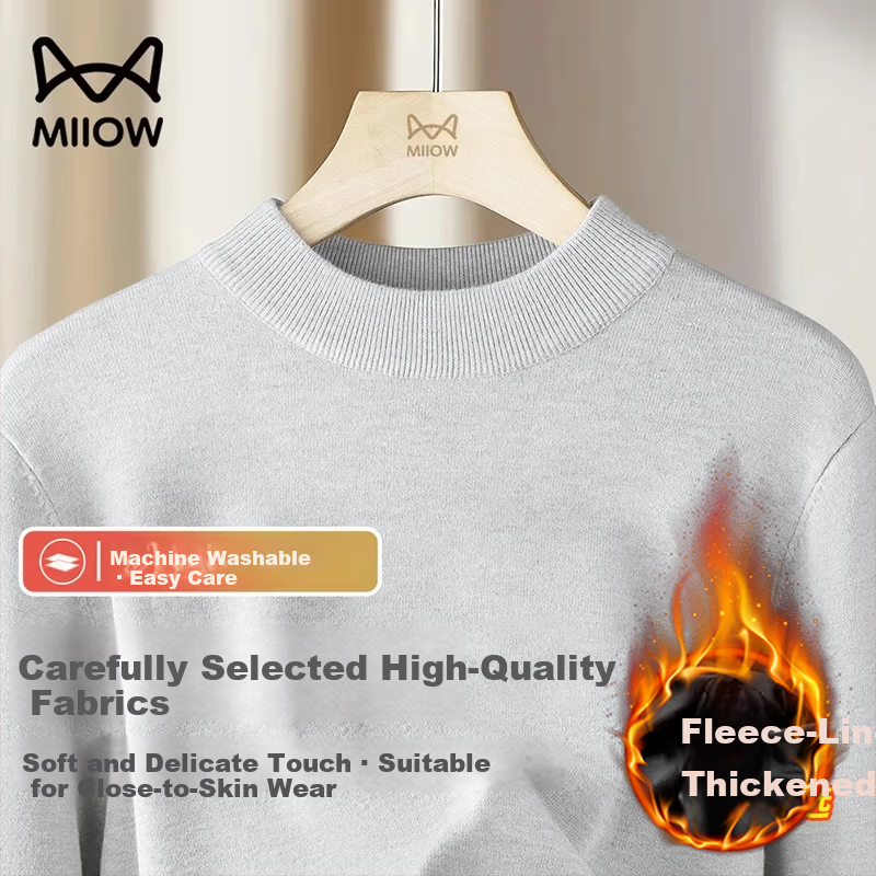 MiiOW Men's Half Turtleneck Knit Sweater Autumn Winter New Casual Versatile Fleece Lined Warm Base Shirt