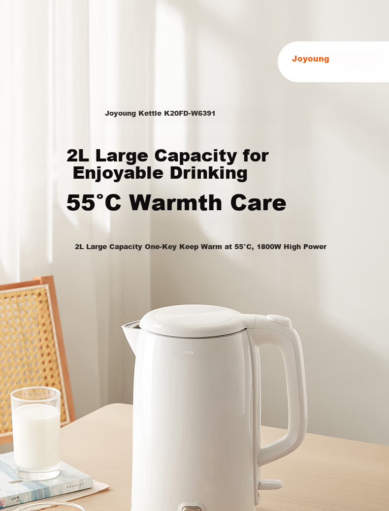 Joyoung ZMD Safe Series 2L Electric Kettle, One-Button Keep Warm, 304 Stainless Steel, Double-Layer Anti-Scald K20FD-W6391 1