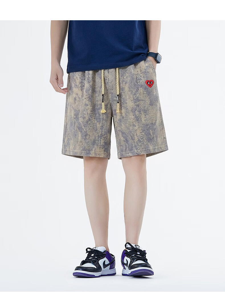 Charles Peach Heart Couple Style American High Street Tie-Dye Drawstring Design Casual Five-Point Shorts Apricot XL 13