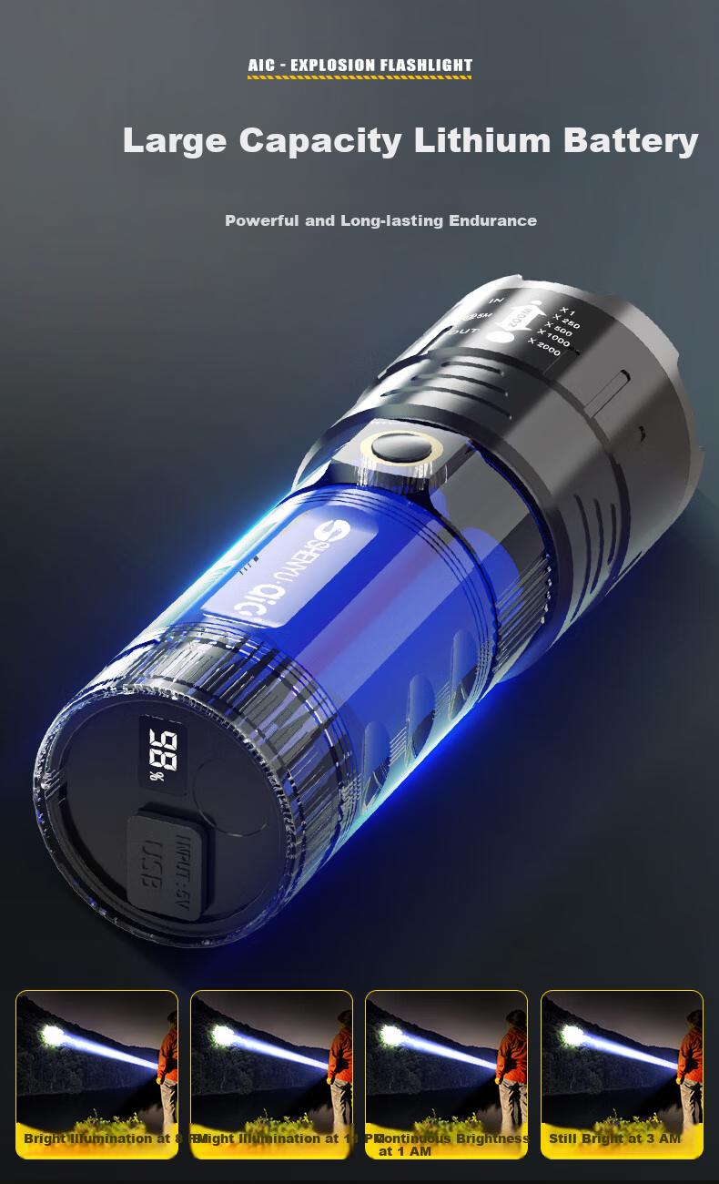 AIC High-Power Zoomable Flashlight Long-Range Outdoor Laser Super Bright Rechargeable Emergency Lighting 9