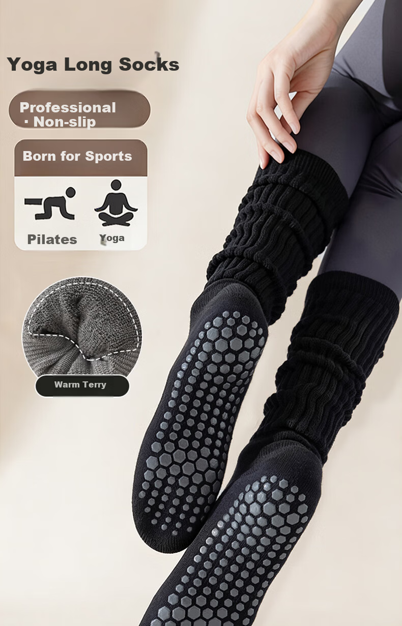 Duweike Yoga Socks Pilates Mid-Calf Non-Slip Breathable Fitness Dance Sports Calf Stack Socks Black 1