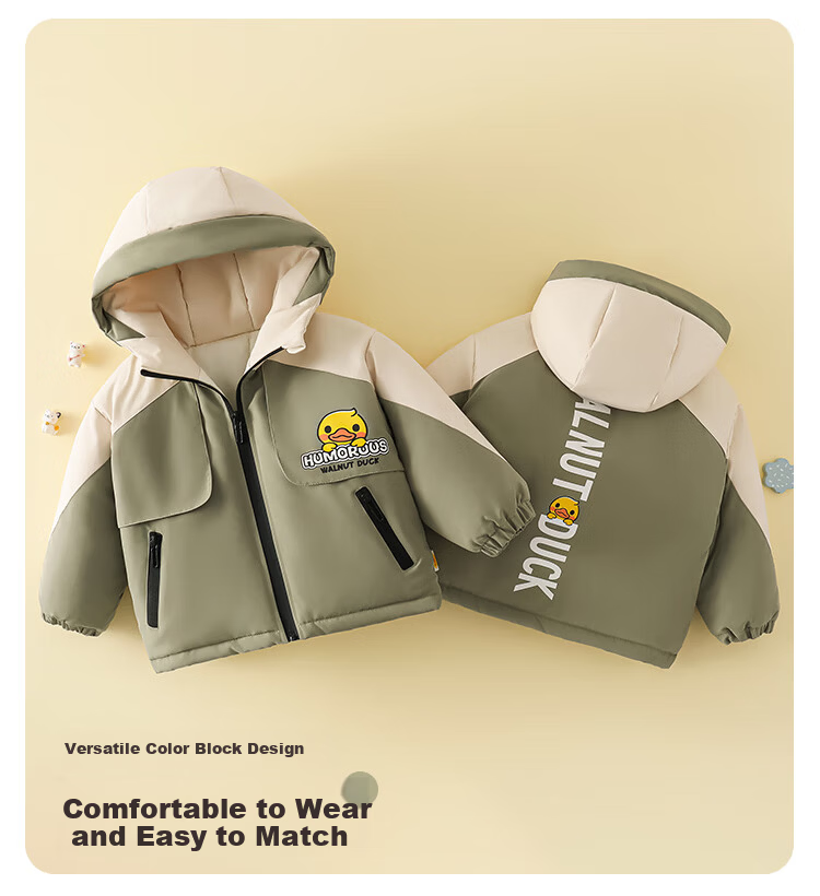 WALNUT DUCK Red Cotton Padded Jacket Little Yellow Duck Winter Hooded Fleece Lined Coat for Boys and Girls Dark Red 130 3