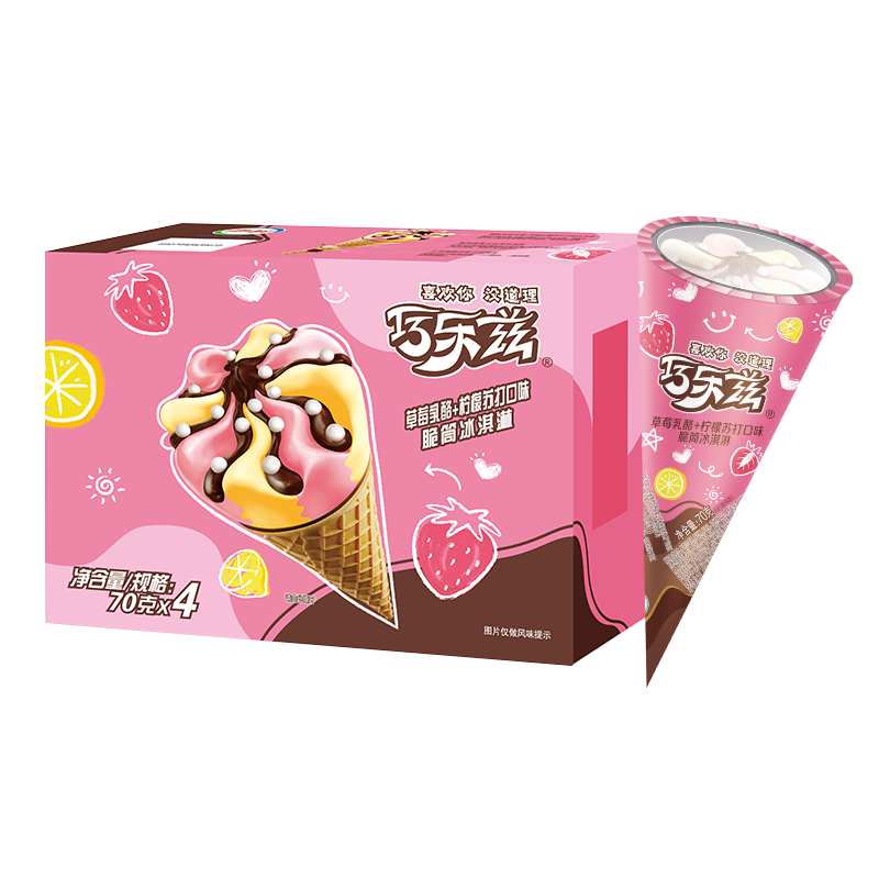 伊利巧乐兹草莓乳酪柠檬口味脆筒冰淇淋70克/支*4支