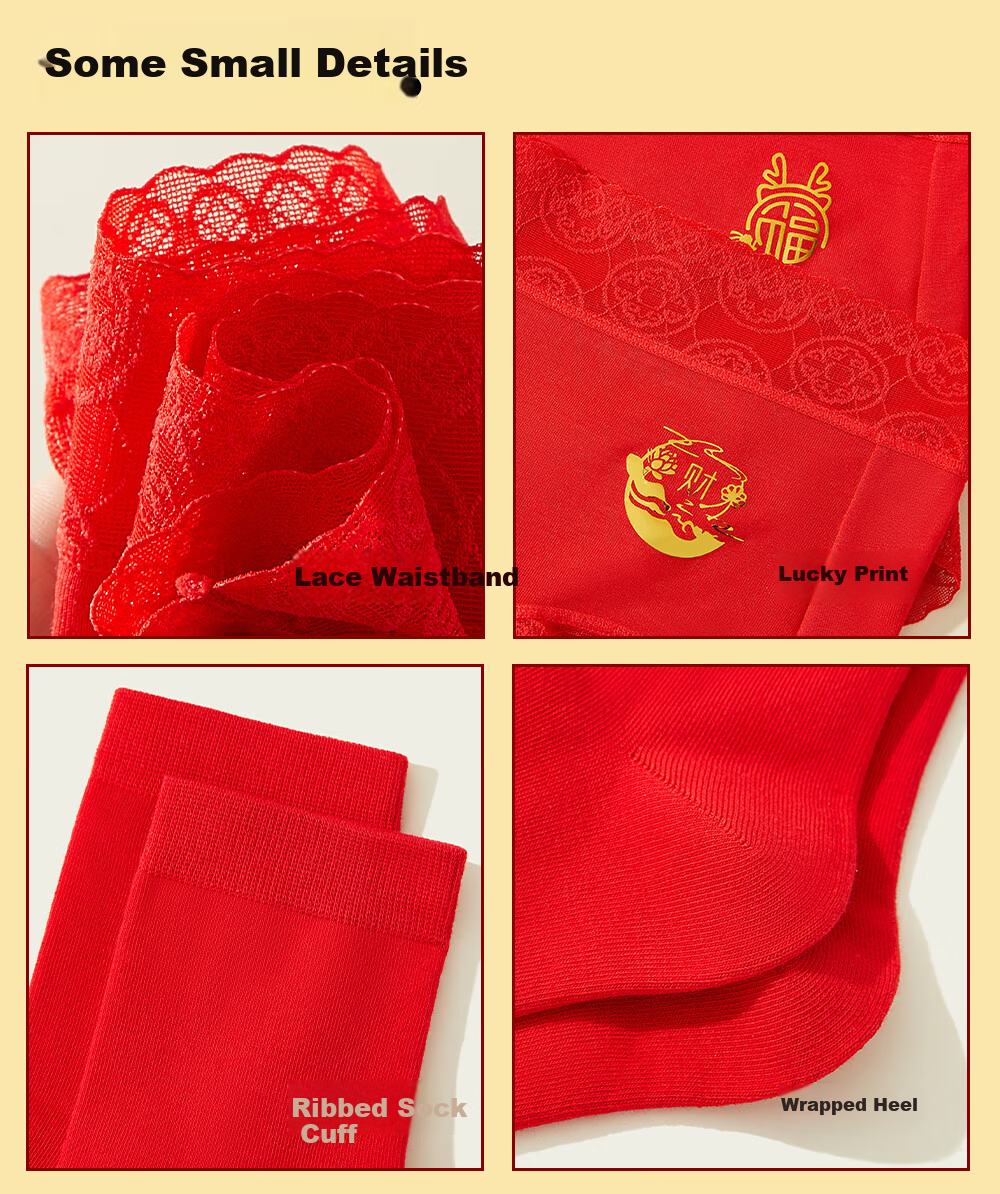 GUJIN Women's Red Underwear Set for the Year of the Snake, Mid-Waist Antibacterial Cotton Briefs and Socks for Marriage Year 16