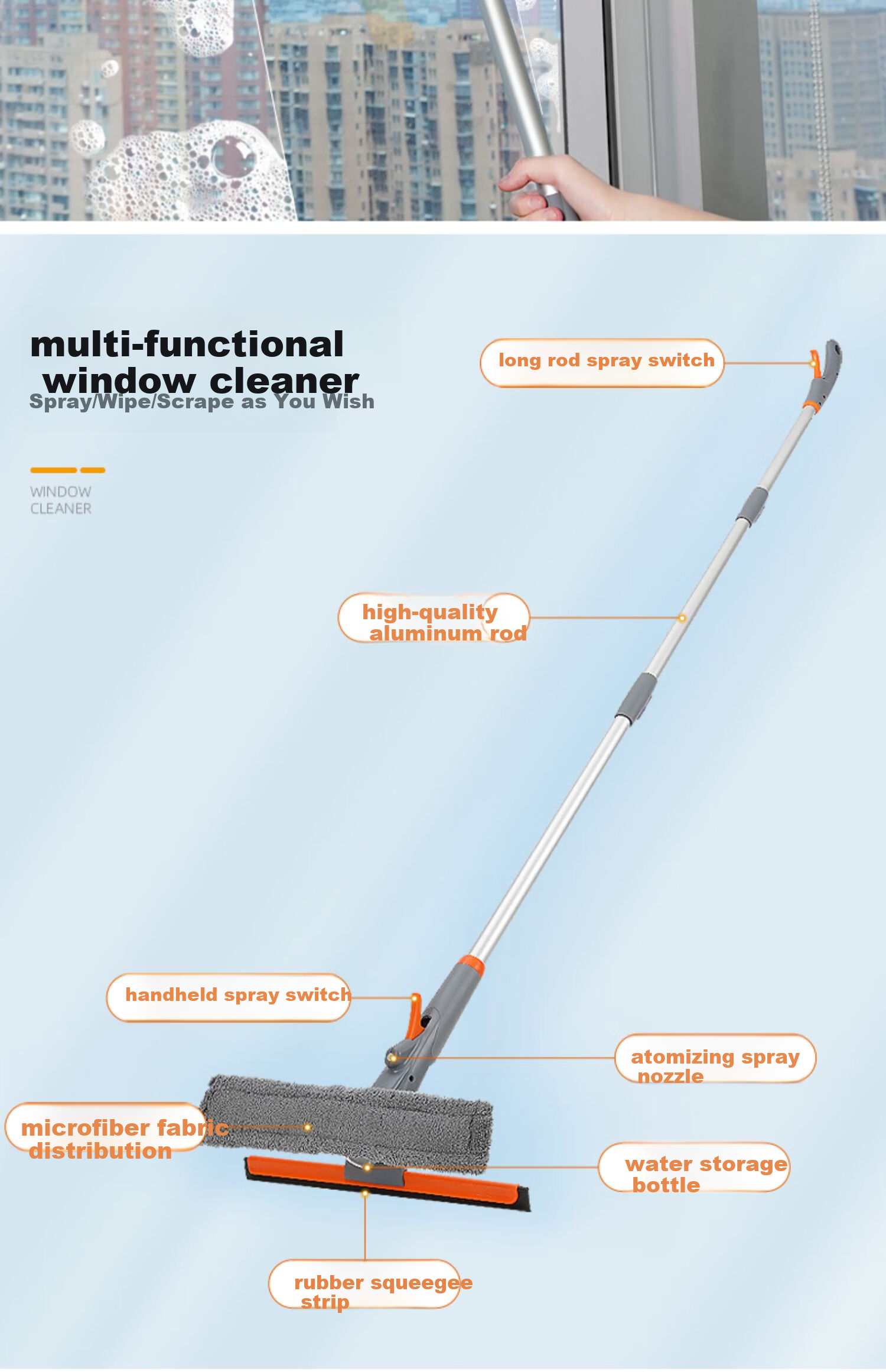 Yisida Glass Cleaning Tool Spray Window Wiper Aluminum Alloy 1.75m with 35cm Cloth Household Cleaning Window Scraper Brush 7