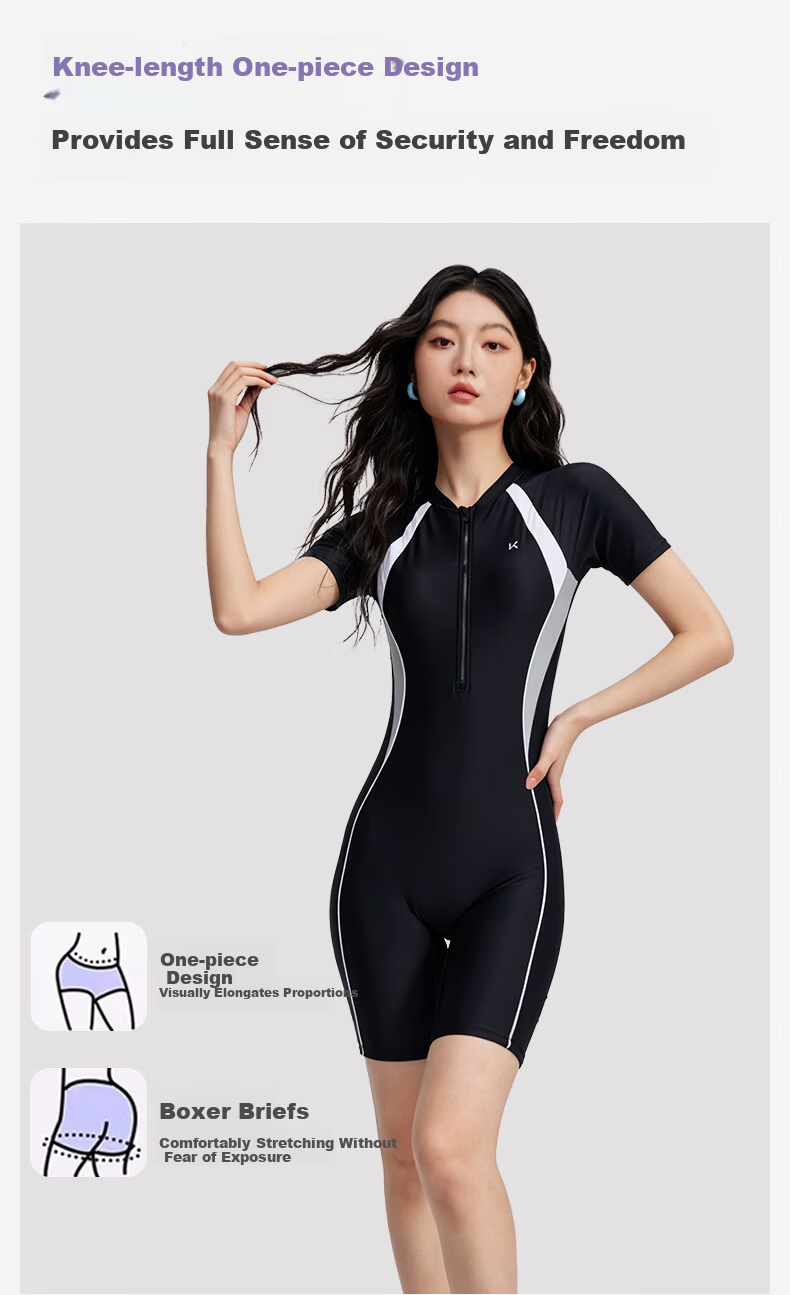 Keep Women's One-Piece Swimsuit, Knee-Length Professional Swimwear, Slimming, Chlorine-Resistant, Competitive Speed Swimwear, 2XL, Black 6