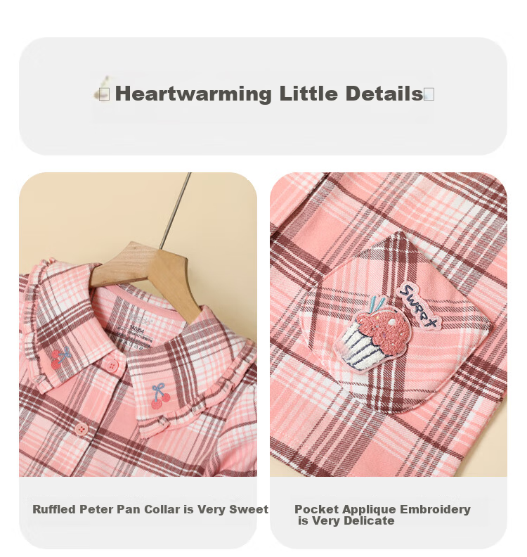 Hodohome Children's Pajamas, Girls' Plaid Cotton Loungewear, Girls' Brushed Lapel Cardigan Long-Sleeve Set 504 120 9