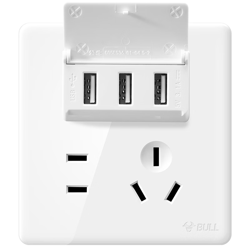 BULL Switch Socket, G28 Series, Five-Hole with Three USB Ports, 86-Type Socket Panel G28E536S, Pearl White