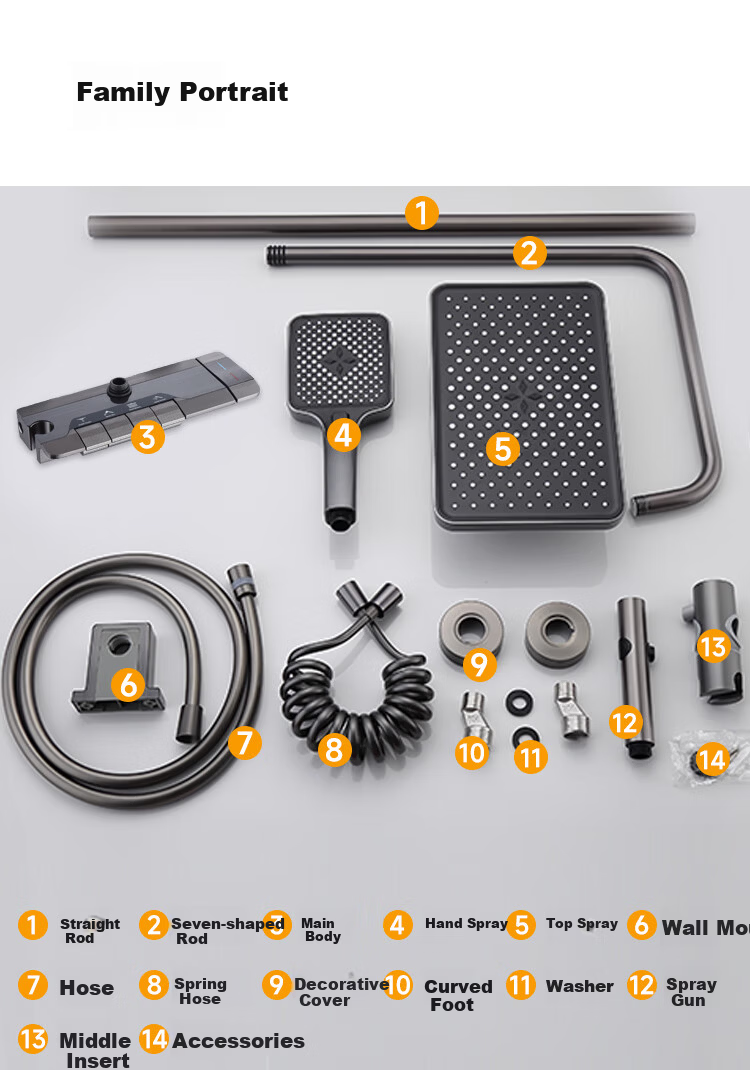 Platinum Pomelo Shower Set with Digital Display Ambient Light, Pressurized Showerhead Full Home Shower System, Piano Key Four-Function 8008 19