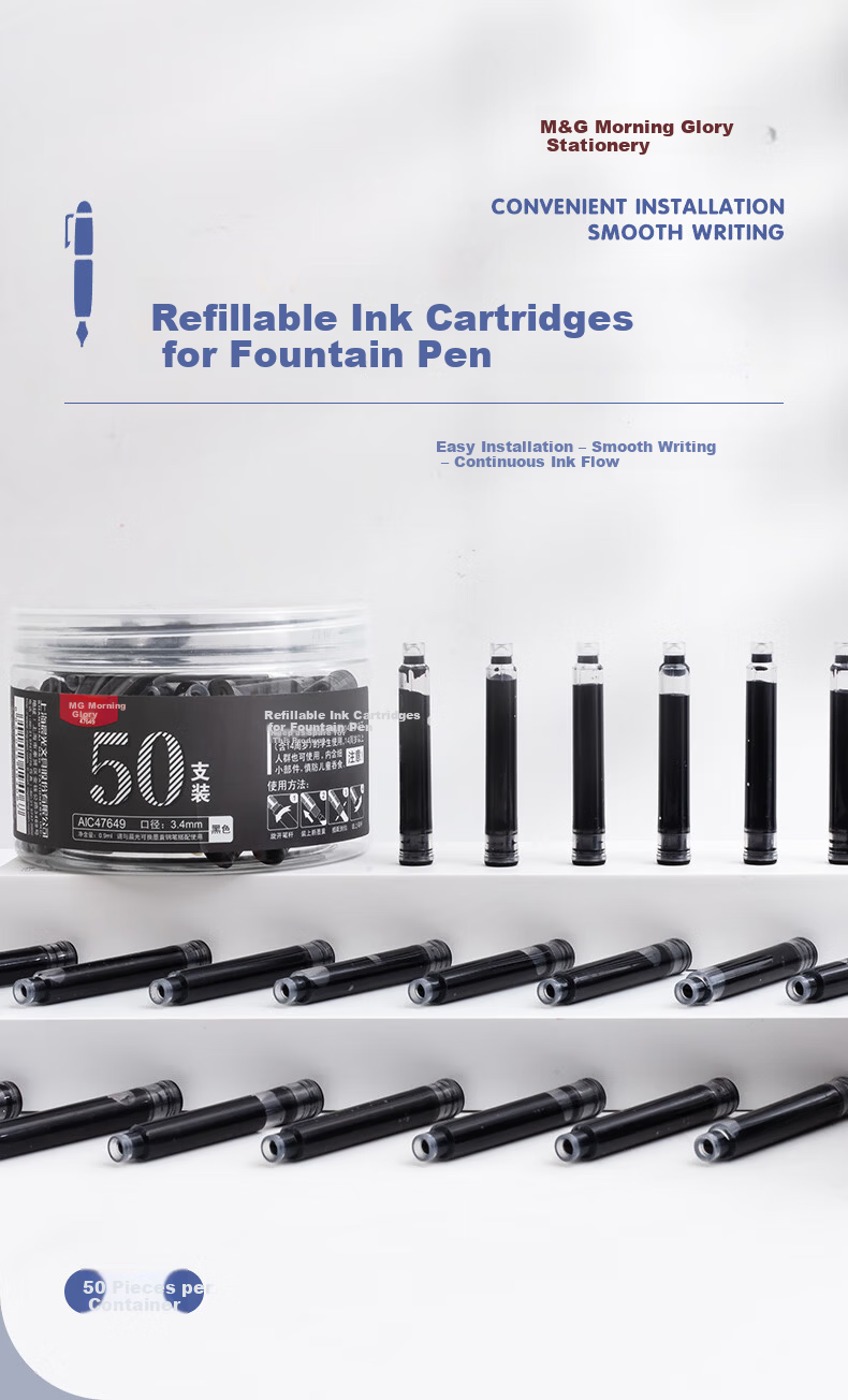 M&G Stationery 0.9ml Black Ink Refill Cartridges for Fountain Pens 50pcs/Box AIC47649 Exam Essential 1