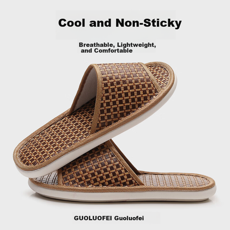 GUOLUOFEI Rattan Woven Linen Slippers Summer Men's Indoor Non-Slip Couple Bamboo Mat Cool Slippers Women Plaid Size 38-39