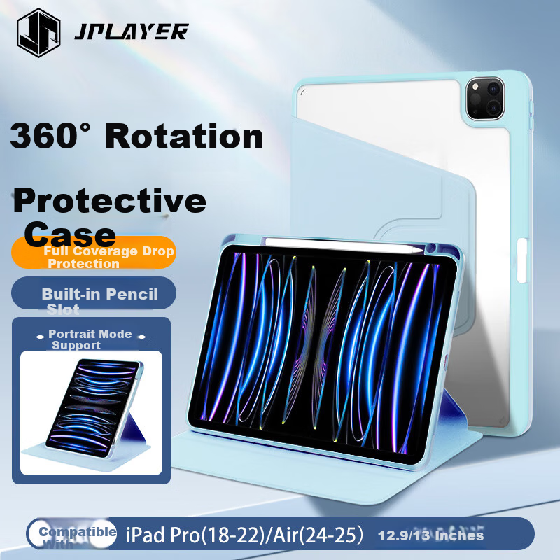 JPLAYER Apple iPad Air 2024/25 Pro 2018/22 Case 12.9/13 Inch Tablet Protective Cover Rotatable Stand with Pen Slot Ice Blue