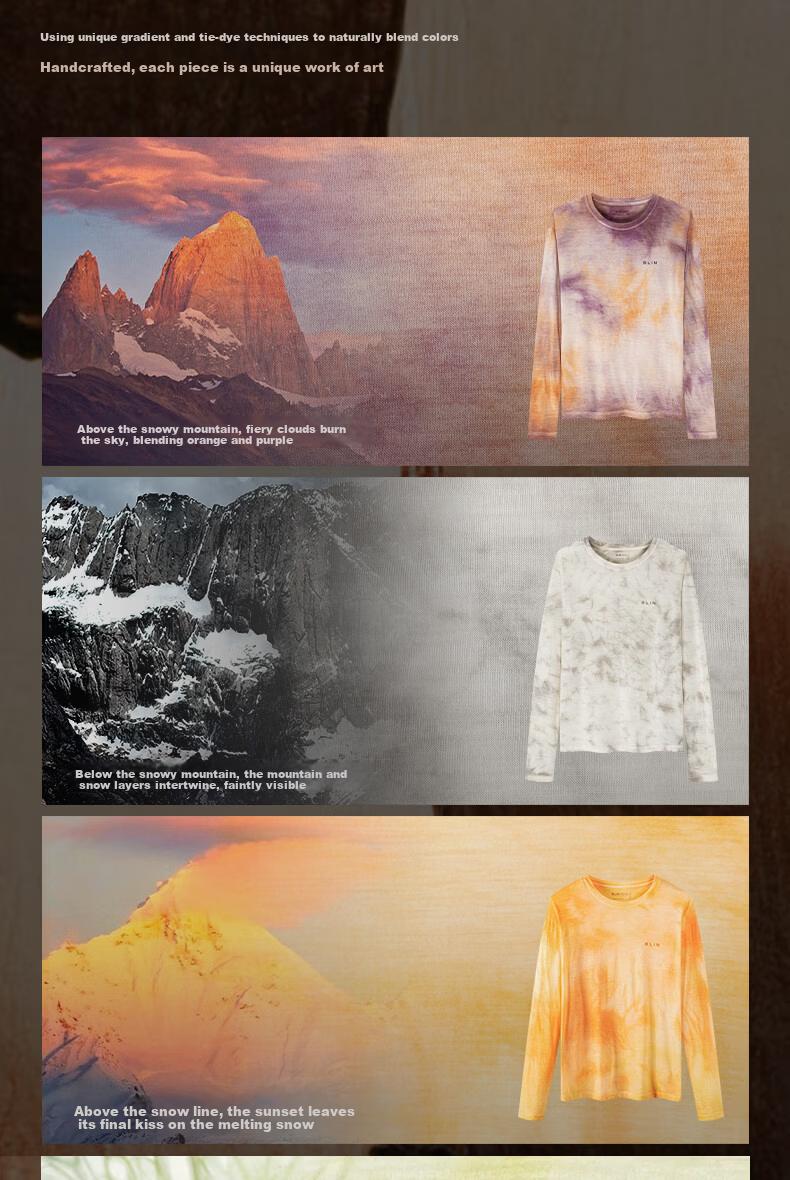 BEIN SPACE Spring New Merino Wool Handmade Tie-Dye Sports Outdoor Breathable Long Sleeve T-Shirt J026 Sunset Orange L 5