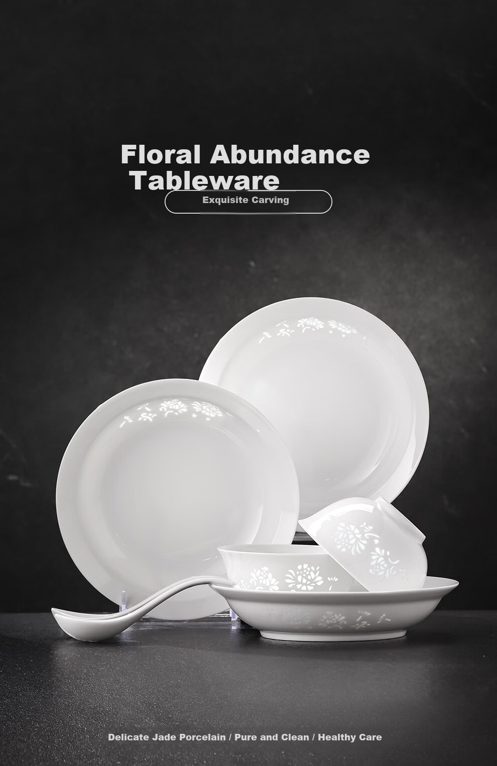 JDZ Ceramic Tableware Set Intangible Cultural Heritage Exquisite White Porcelain Bowls and Plates Complete Chinese Style Home High-End Housewarming Gift Blooming Flowers 1