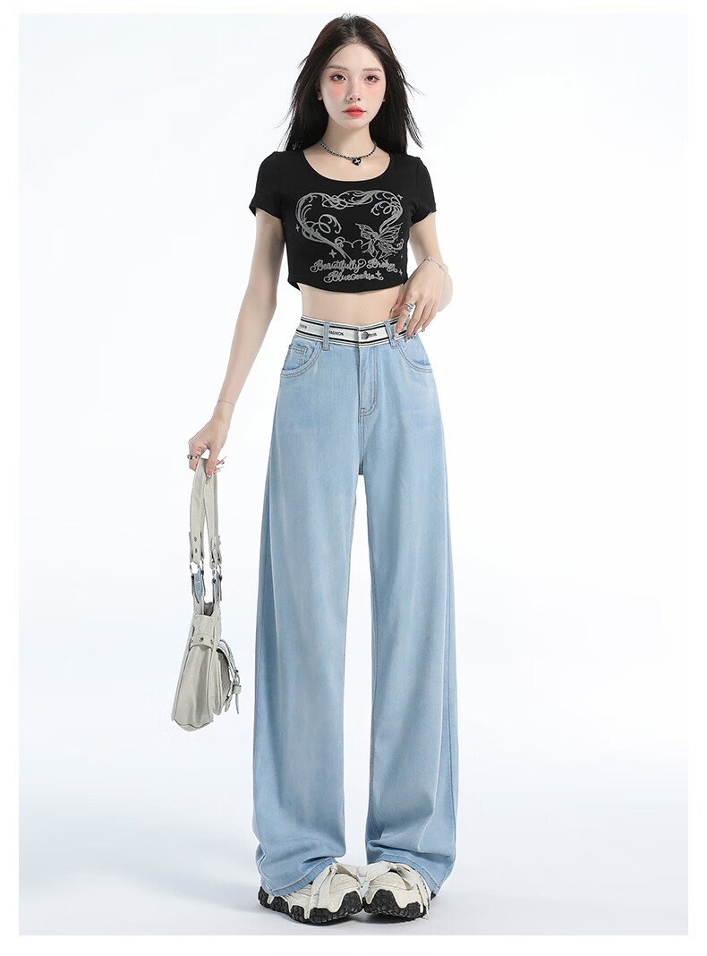 Jeanswest Women's Summer 2026 Tencel Lightweight Wide-Leg Straight Loose Denim Pants Light Blue S 26