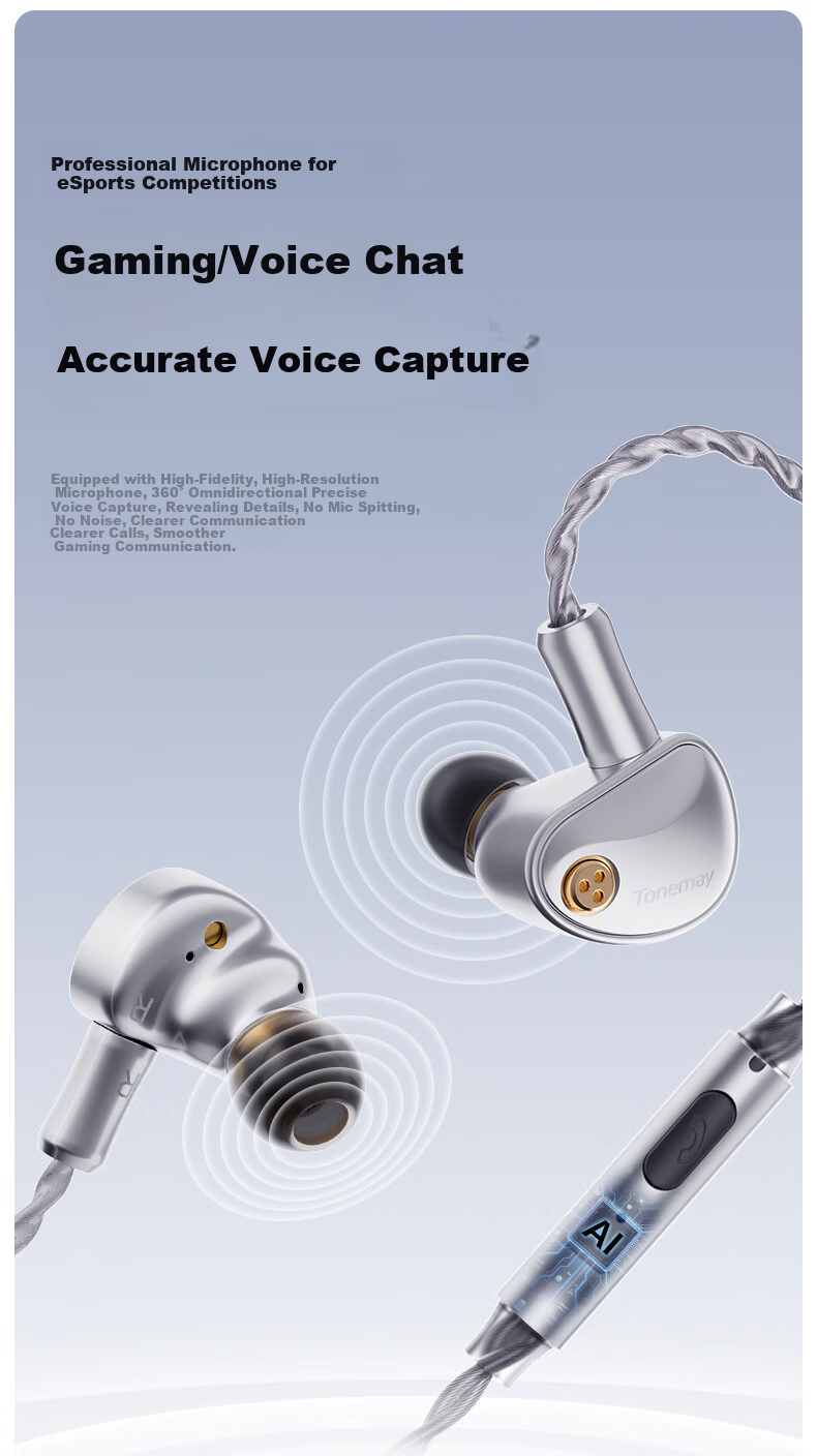 Tonemay Yunmian HiFi In-Ear Wired Earphones High-Resolution Audiophile Sound Delta Action Gaming with Mic Sound Card Noise-Cancelling Monitoring Microphone 1-to-2 Adapter Cable 1m 8
