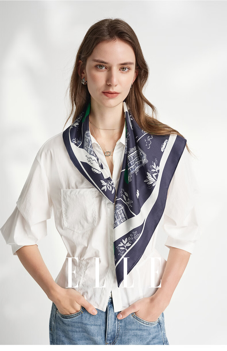 ELLE 100% Mulberry Silk Scarf Women's Summer Fashion Versatile Printed Square Neck Scarf Gift Box Set 19