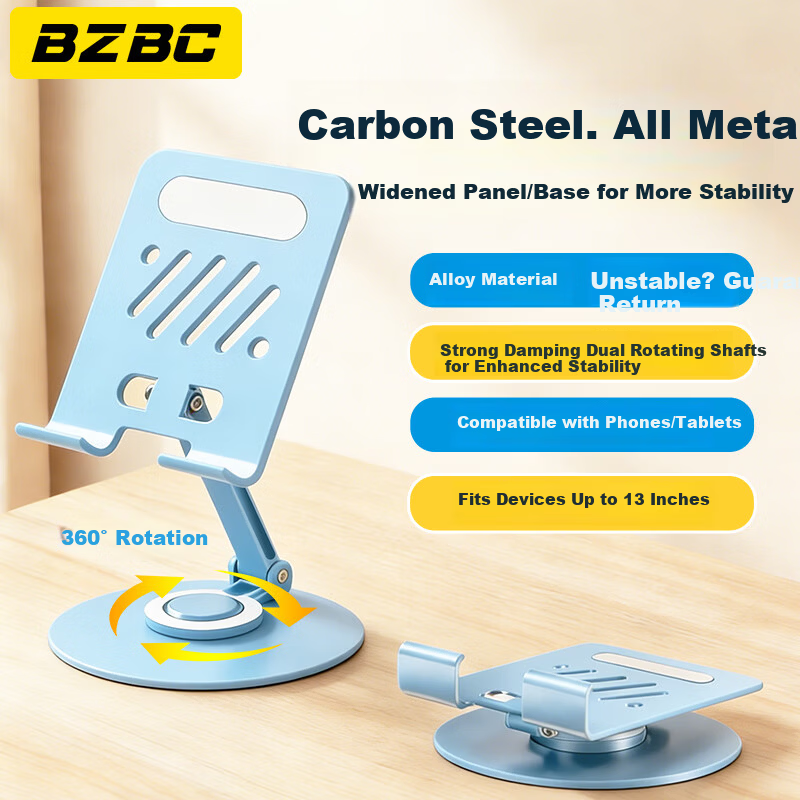 BZBC Flat Stand iPad Desktop Phone Holder 360° Multifunctional Rotatable Foldable Lazy Support Bracket for Gaming Online Classes Drawing Live Streaming Video Universal Phone Light Blue