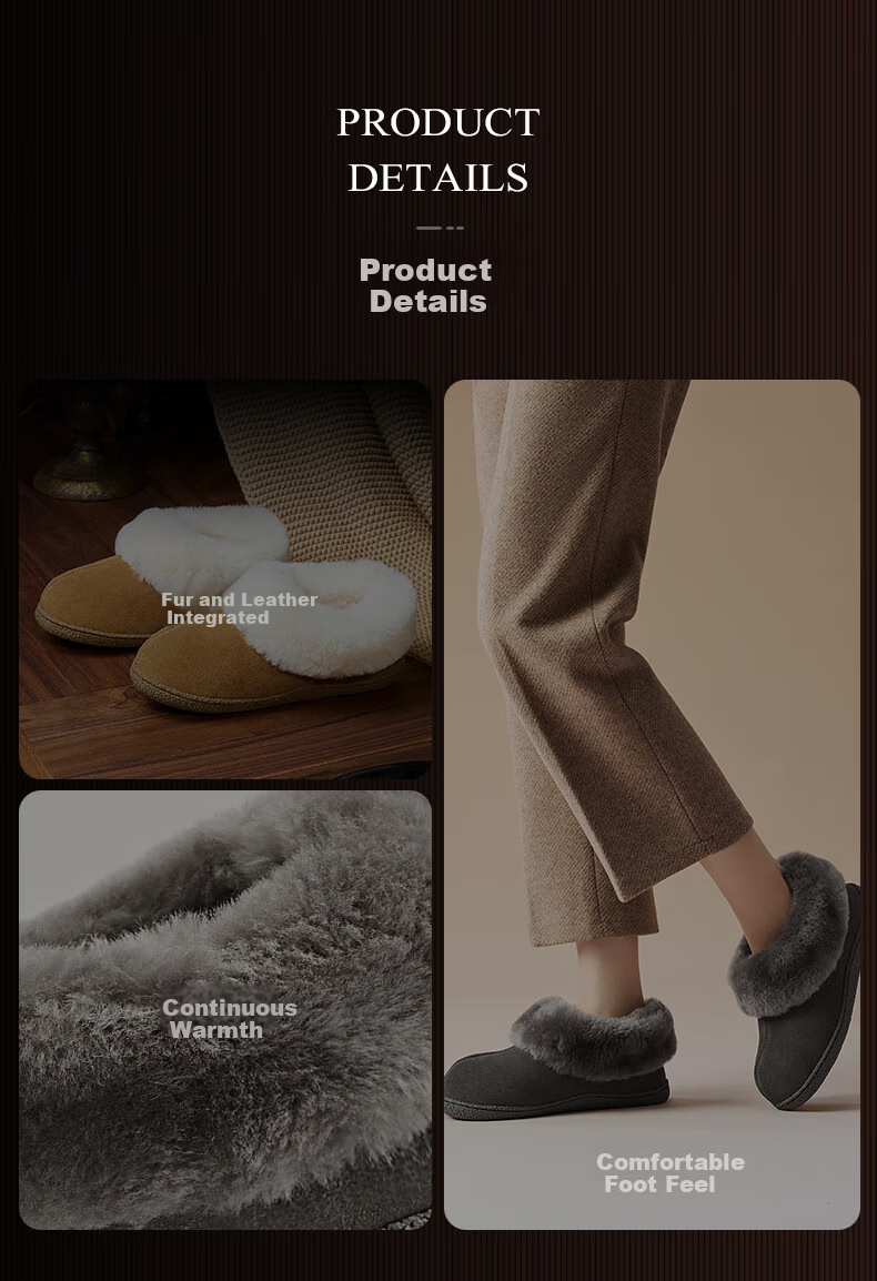 NEIBO Ultra Warm Wool Slippers Unisex Couples Winter Home Sheepskin Latex Non-Slip Full Heel Gray Size 37 24