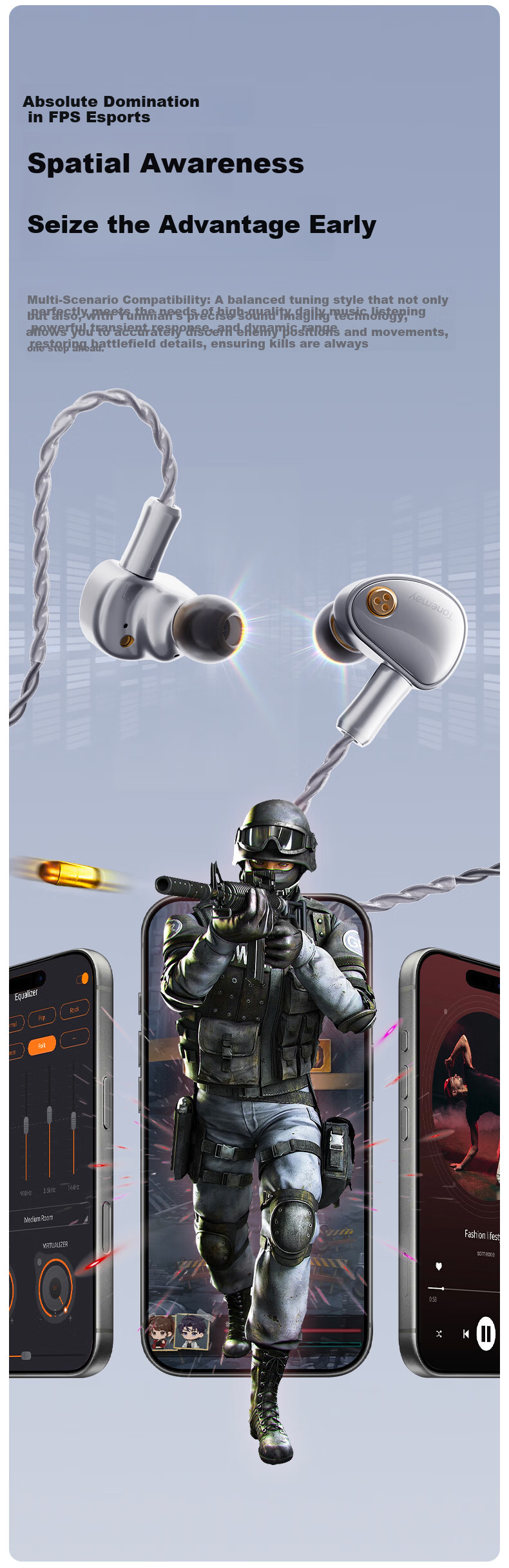 Tonemay Yunmian HiFi In-Ear Wired Earphones High-Resolution Audiophile Sound Delta Action Gaming with Mic Sound Card Noise-Cancelling Monitoring Microphone 1-to-2 Adapter Cable 1m 7