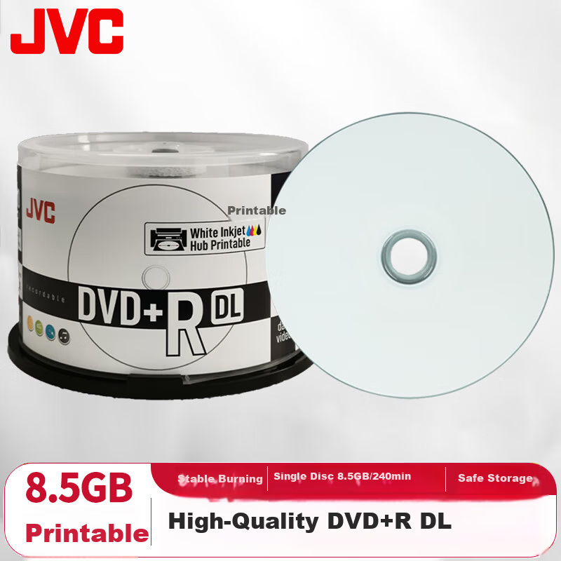 JVC DVD+R DL Blank/Burnable Disc 8x Speed 8.5GB High Capacity Movie Disc Printable 50-Pack Spindle