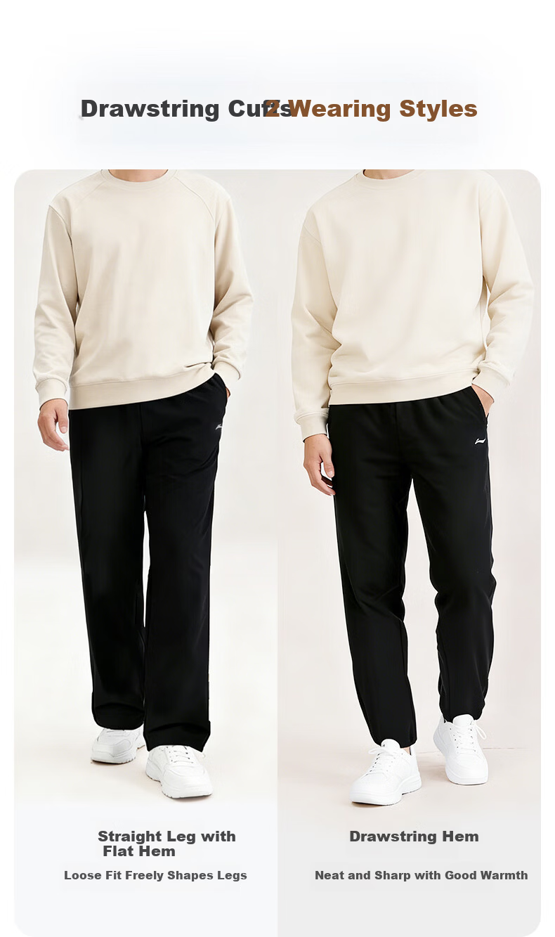 LI-NING Men's Fleece-Lined Jogger Pants Autumn Winter Warmth Windproof Comfortable Casual Loose Fit Trousers S 6