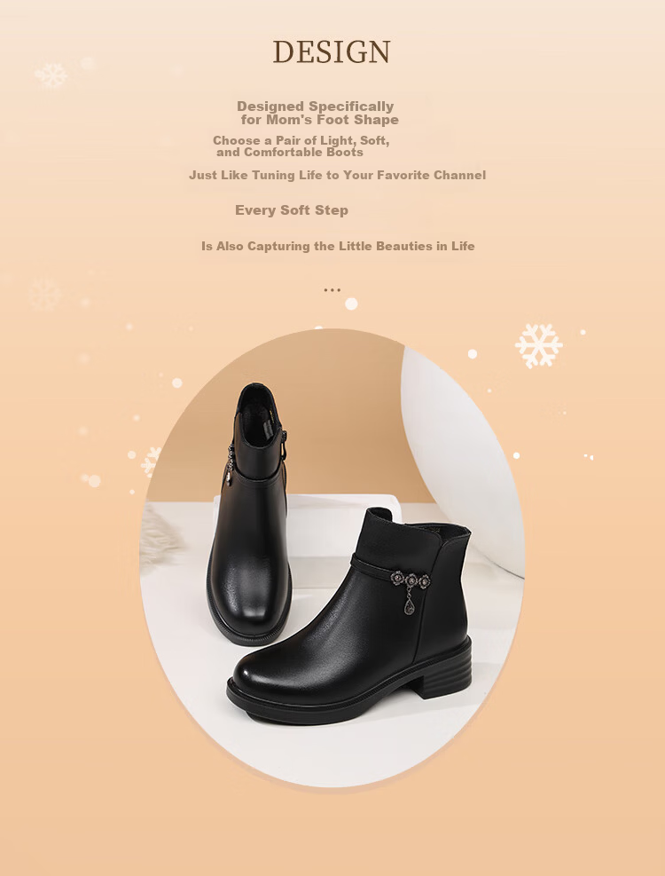 Red Dragonfly Women's Winter Fleece-Lined Warm Cotton Leather Boots Lightweight Soft Sole Middle-Aged and Elderly Short Boots WTC457361H Black Size 39 3