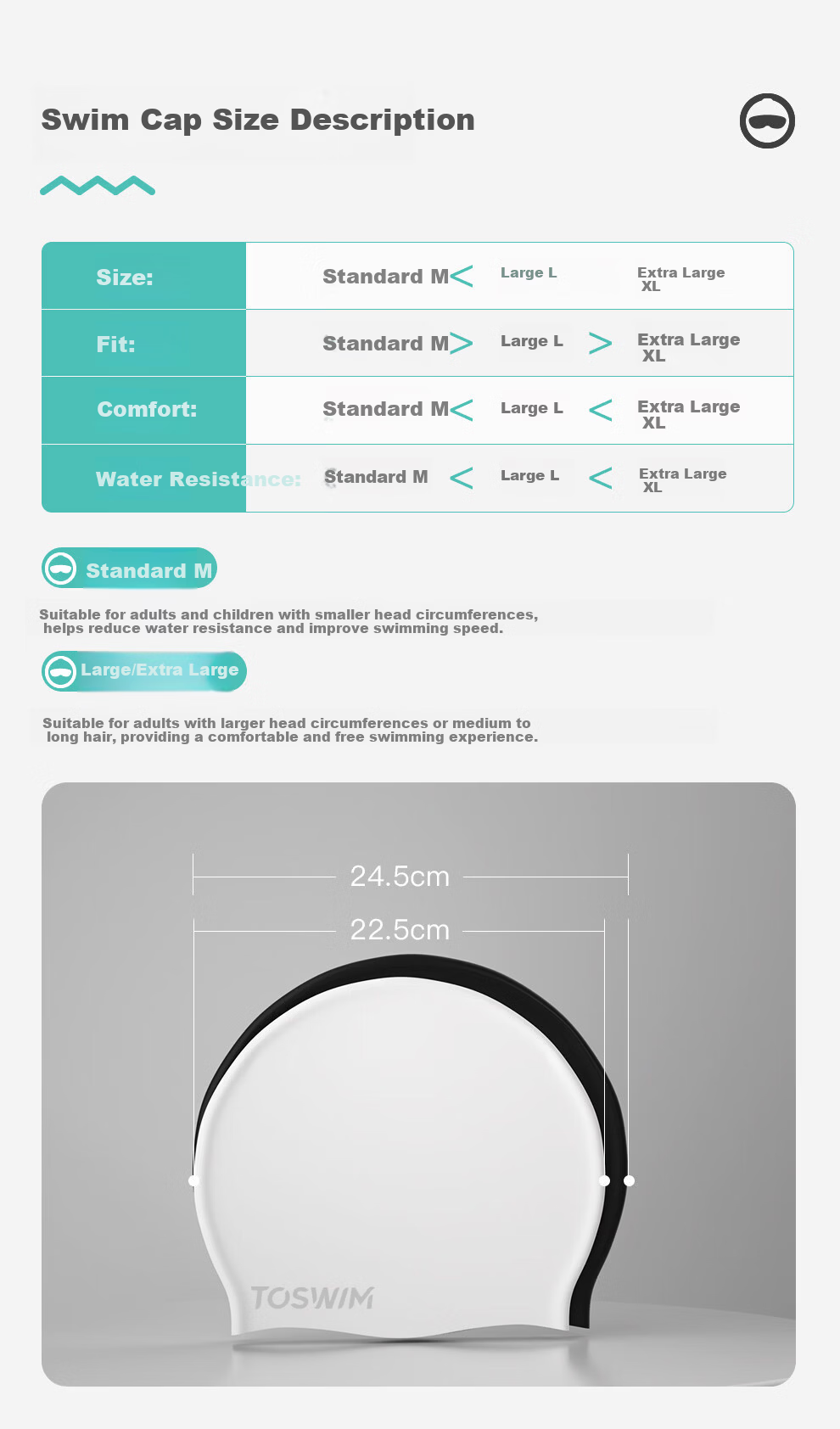 TOSWIM Eco-Friendly Silicone Swim Cap Comfortable Non-Tight Ear Protection Long Hair Waterproof Pool Swimming Cap Ink Shadow White Lettering 9