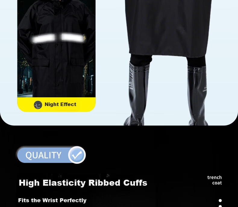 Ansell Long Trench Coat Style Raincoat Adult Long Raincoat Anti-Heavy Rain Flood Reflective Hooded Outdoor Security Duty Construction Labor Rain Poncho Black [3XL Fits 140-170 lbs] 28735 8
