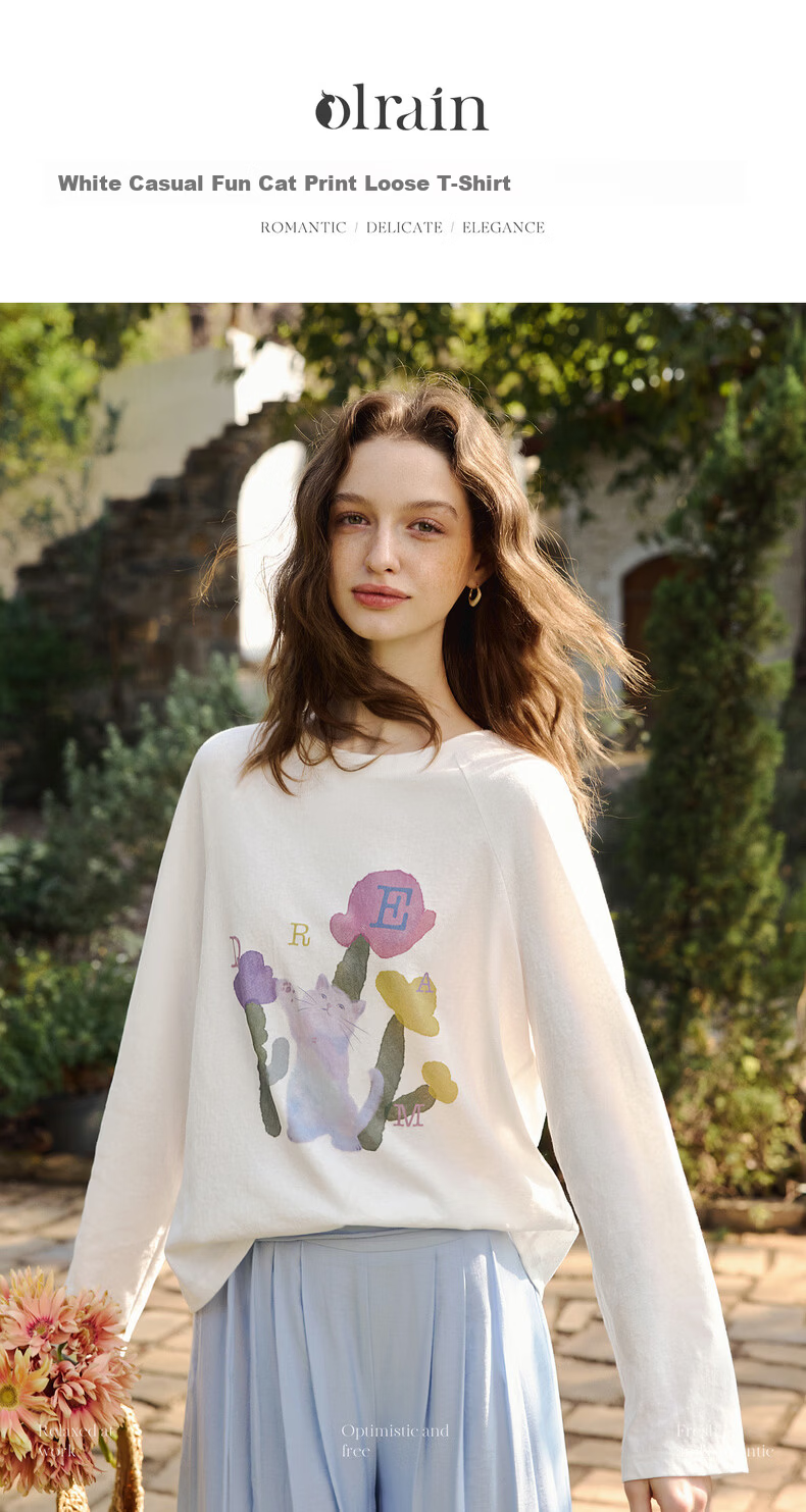 Olrain Casual Fun Cat Print Loose Long Sleeve T-Shirt Women Spring New Round Neck Top White S 1