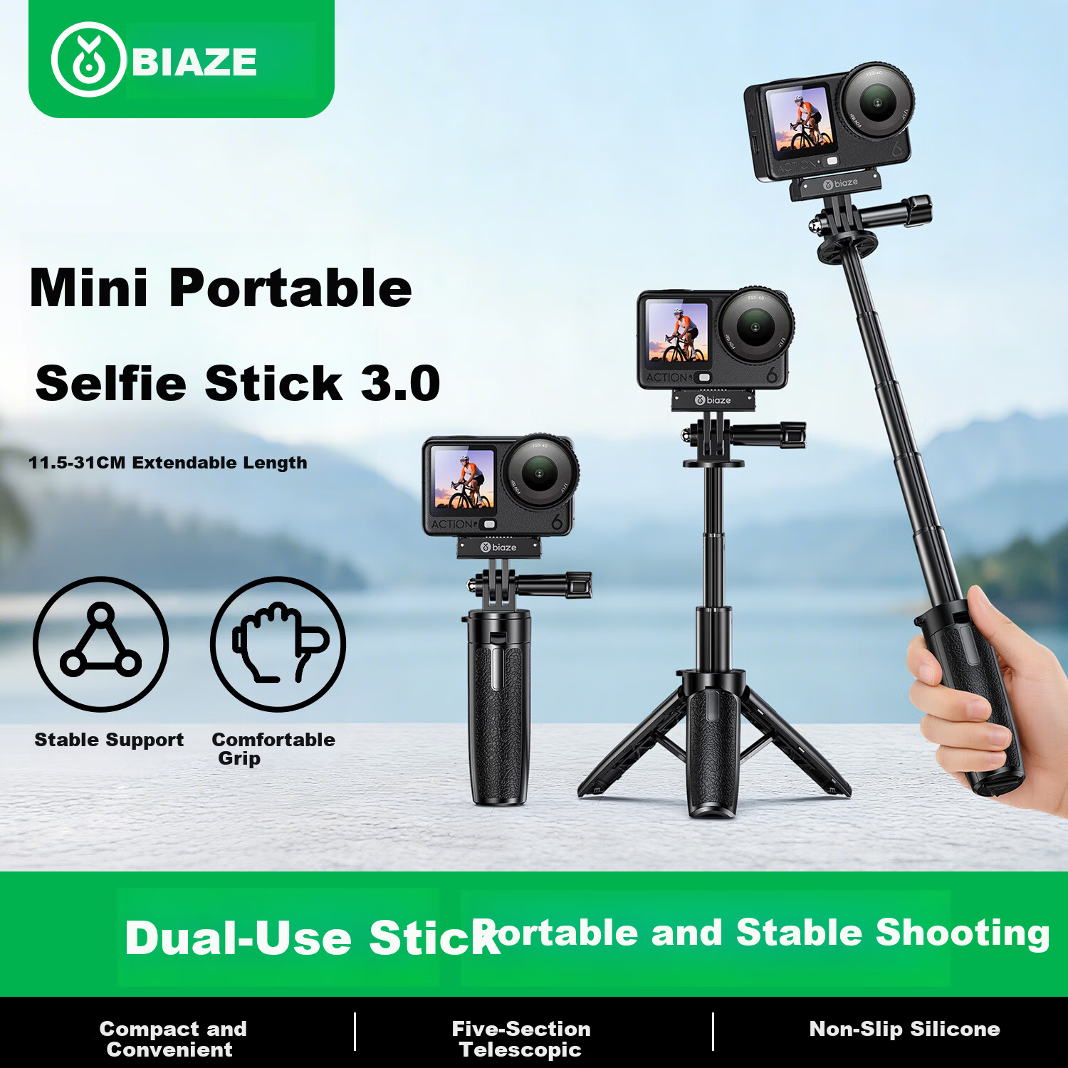 BIAZE [Ultra Mini 3.0] Compatible with DJI Action 6/5/4/Nano Handheld Pole, Pocket 3/4 Tripod, 360 AcePro 2 Portable Selfie Stick Extension Pole JS64