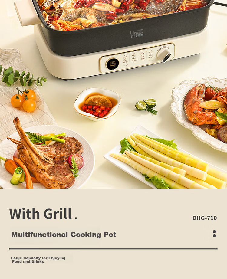 Liven Electric Hot Pot Electric Cooking Pot Hot Pot Dedicated Pot for 3-7 People Detachable Multi-Functional Cooking and BBQ Electric Heating Pot 7L Multi-Purpose Pot DHG-710 3