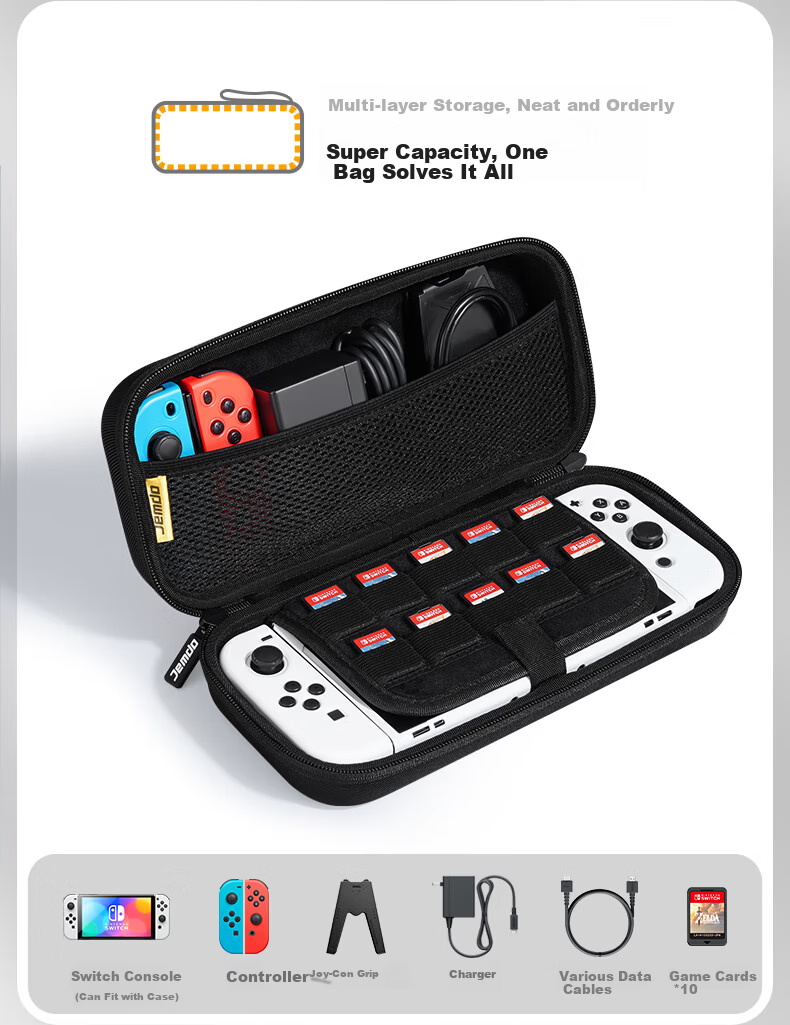 Jemdo Switch Storage Case, Game Console Protective Box, NS/OLED Handheld Multi-Functional Portable Storage Case, Large Capacity Protective Bag, Black 8