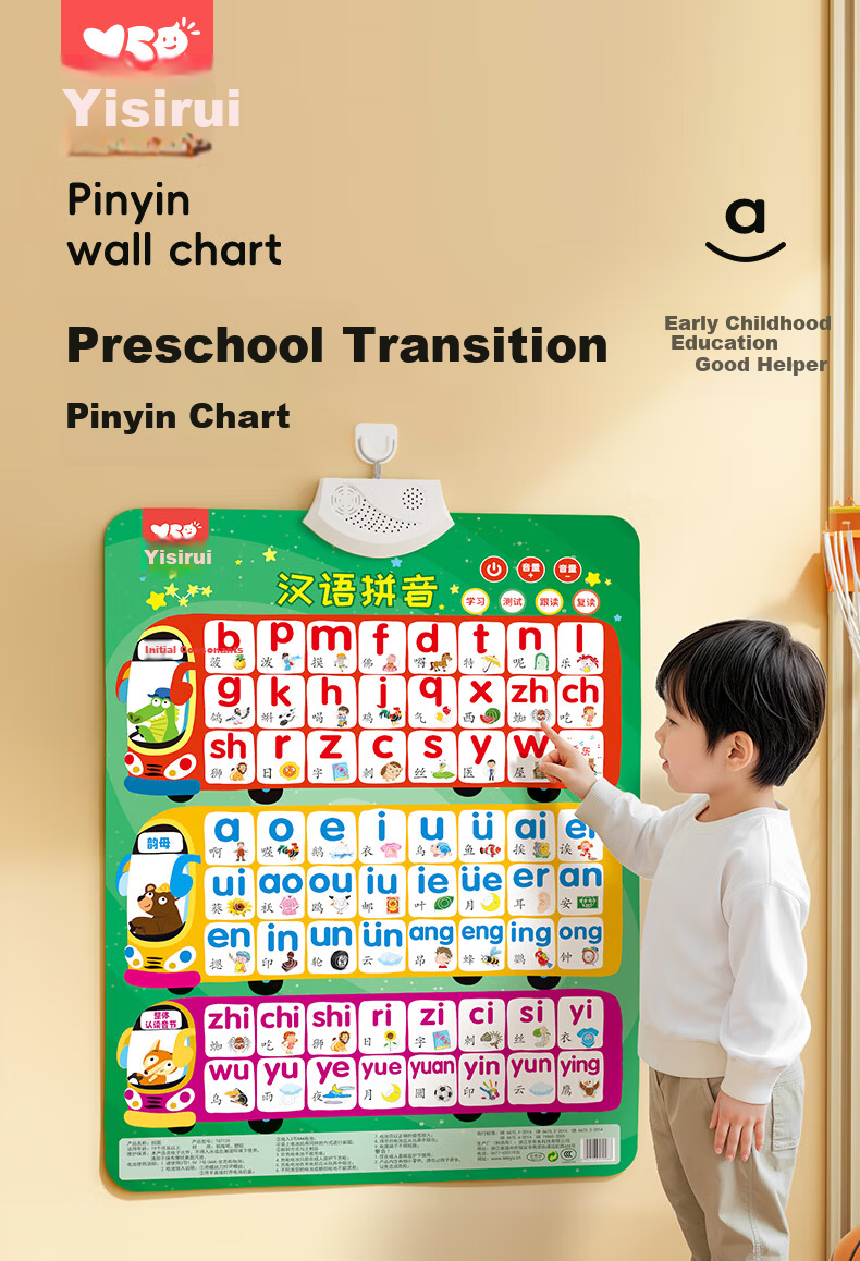 YSR Children's Character Recognition Wall Chart, Early Education Flashcards for Ages 1-3 with Audio, First Grade Textbook Synchronized Wall Stickers 1