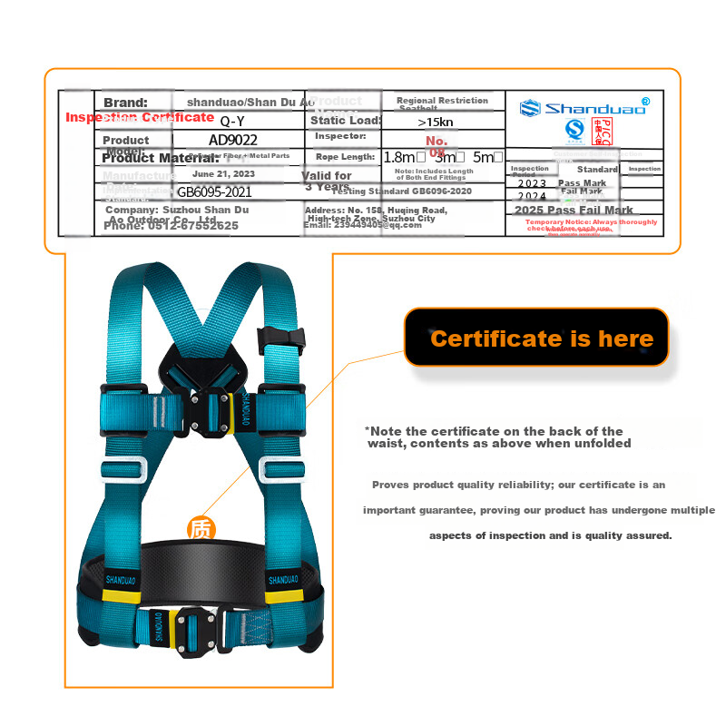 SHANDUAO Three-Point Safety Harness Quick-Connect Fall Protection AD9022 Double Small Hooks 1.8m