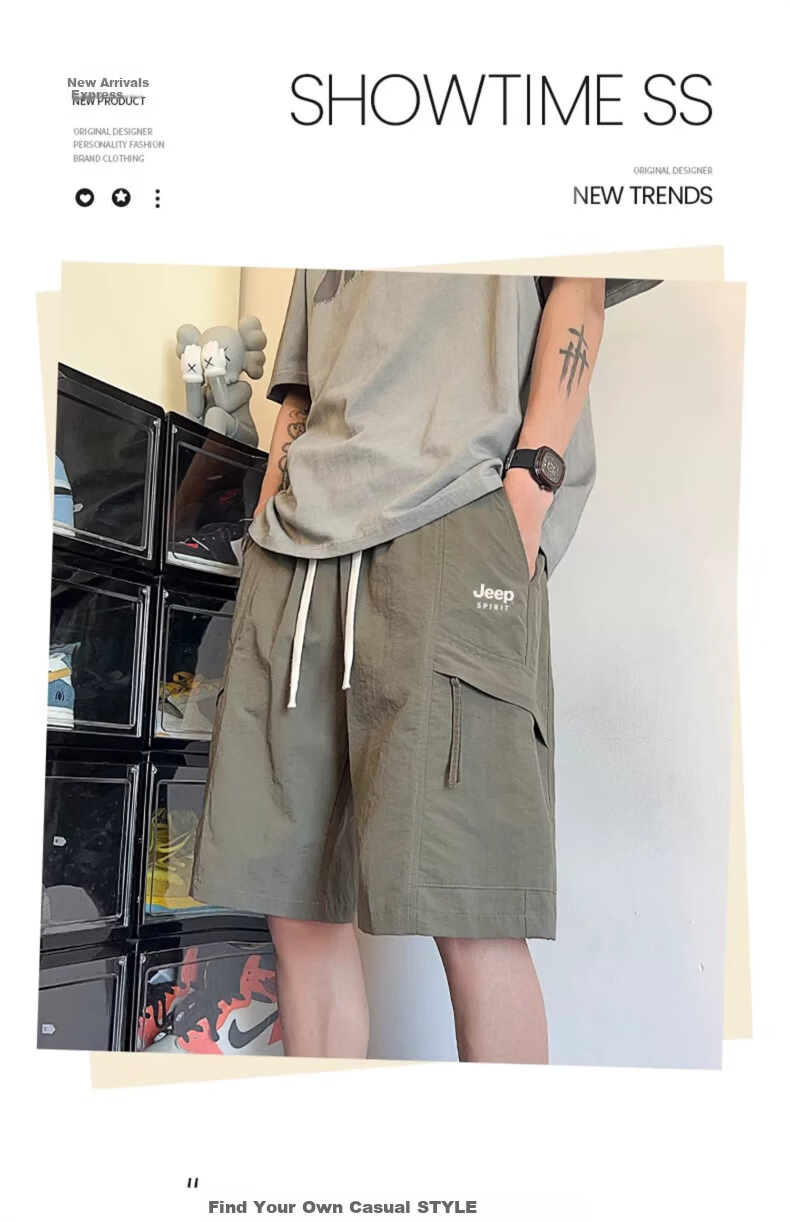 JEEP SPIRIT Men's Summer Thin Ice Silk Cargo Shorts Trendy Casual Black XL 1