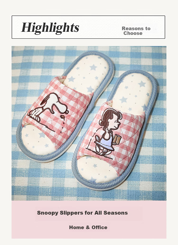 Gukoo Snoopy Plaid Floor Slippers Women's Four-Season Flat Home Slippers Light Burgundy Size 40-41 1