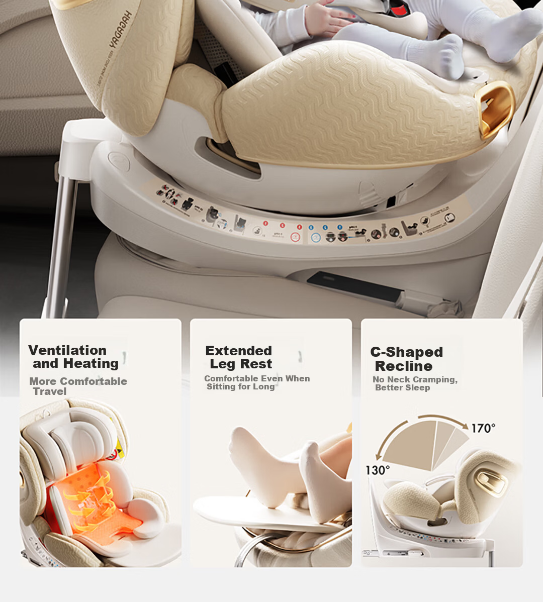 Hakada Child Safety Car Seat Infant 0-12 Years Baby Reclining Ventilated Heated Misty Milk Coffee 22