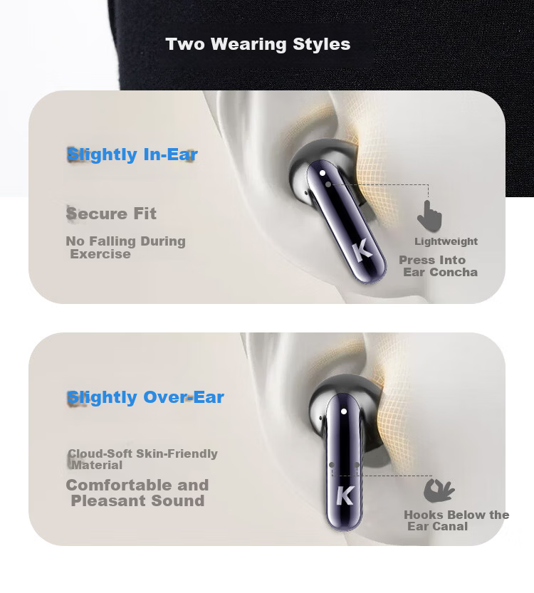 KUGOU M23 Bluetooth 6.0 Earphones Semi-In-Ear Wireless Music Gaming Low Latency Long Battery Life Noise Cancelling Compatible with Huawei Apple Xiaomi Men 10