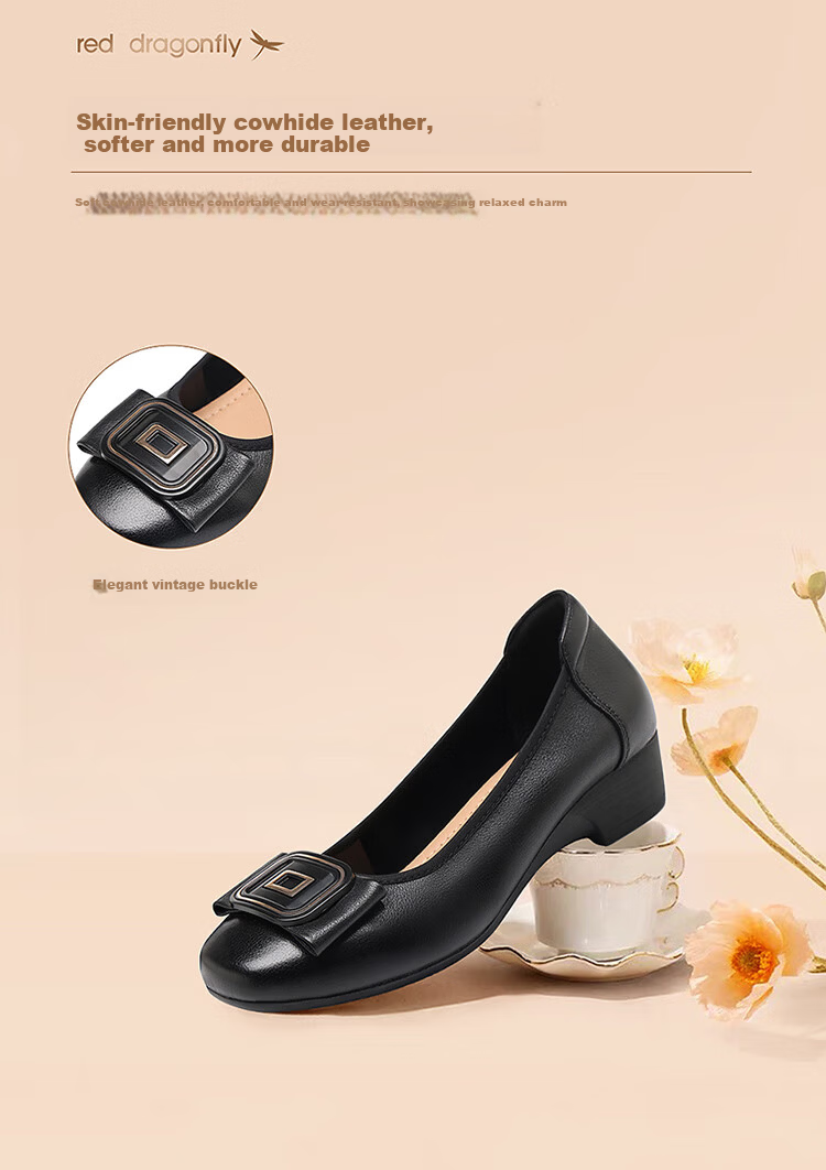 Red Dragonfly Women's Shallow Autumn Cowhide Slip-On Commuting Leather Shoes Soft Sole Lightweight Mom Flats WLB354231 Black 38 3