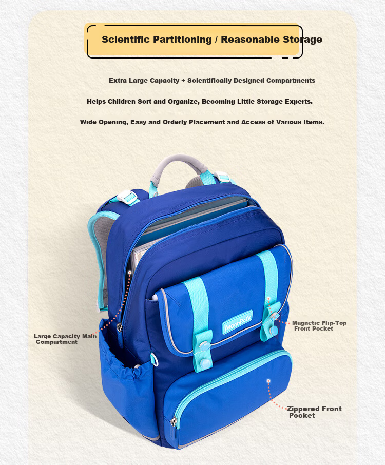 MoonRock PCT Flagship Model Primary School Children's Backpack Large Capacity Bag for Grades 3-6 Poseidon Blue 12