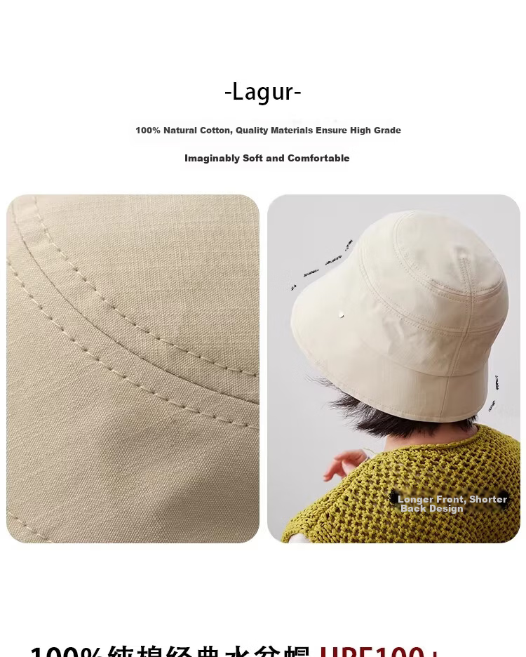 Lagur Classic Style 100% Cotton Fisherman Sun Hat Wide Brim Summer Sunshade Hat Large Head Circumference Classic Black 3