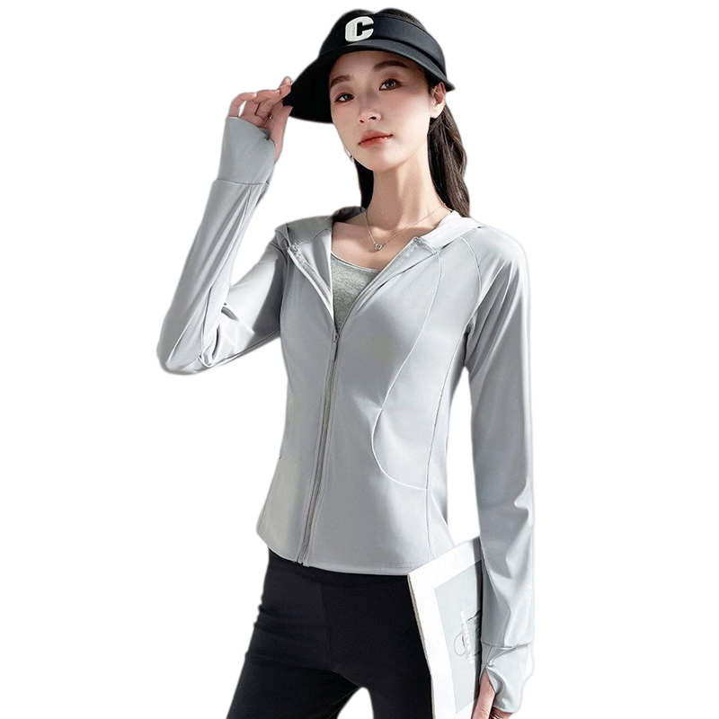 Langsha Women's Pocket Sunscreen Jacket Ice Silk Summer Slim Fit UV Protection Outdoor Hooded Cardigan Sunscreen Coat