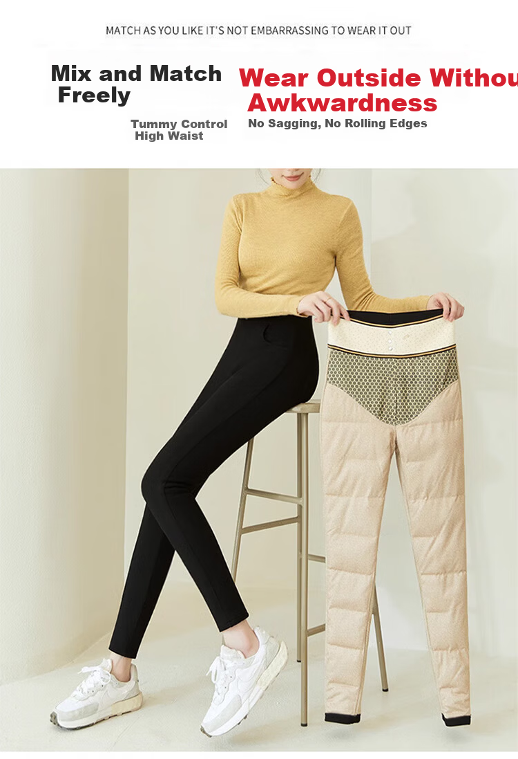 Langsha Women's Down Pants Thickened Winter Outerwear Northeast Goose Down Wool Warm Fleece Slim Black Cotton Pants 16