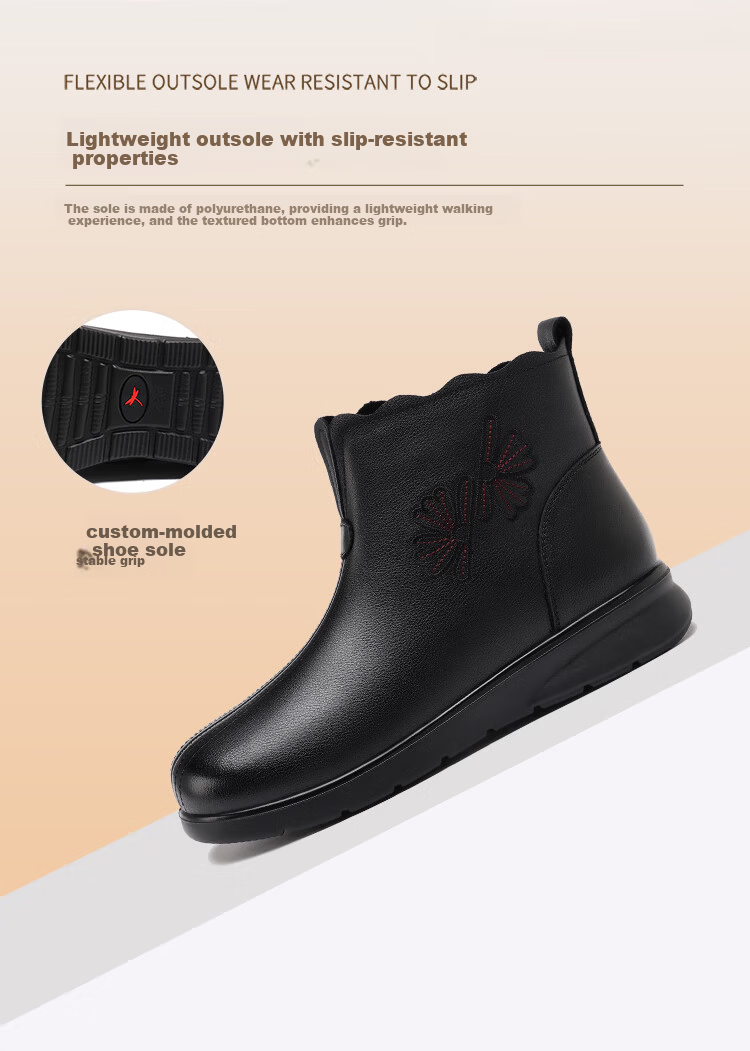 Red Dragonfly Women's Winter Fleece-Lined Leather Ankle Boots Lightweight Soft Sole Fashionable Warm Cotton Shoes WTC457421C Black Size 37 6